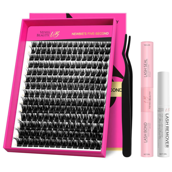 Picture of VEYESBEAUTY Lash Clusters Kit Fluffy Individual Lash Extensions Xtreme 3D Layered Volume Eyelashes kit Thin & Invisible Band Wispy Faux Mink Lash Mixed Length 10-18mm with Bond&Seal Remover Applicator