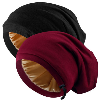 Picture of Silk Satin Bonnet Hair Wrap for Sleeping, 2 Pcs Adjustable Silk Bonnets for Women Men Sleep Cap Silk Lined Slouchy with Adjustable Strap Curly Hair Head Scarf Night Caps