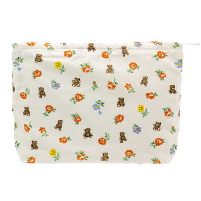 Picture of PAZIMIIK Floral Makeup Bag Large Cotton Zipper Pouch for Purse Travel Canvas Make Up Organizer for Women Cosmetic,Flower Bear White
