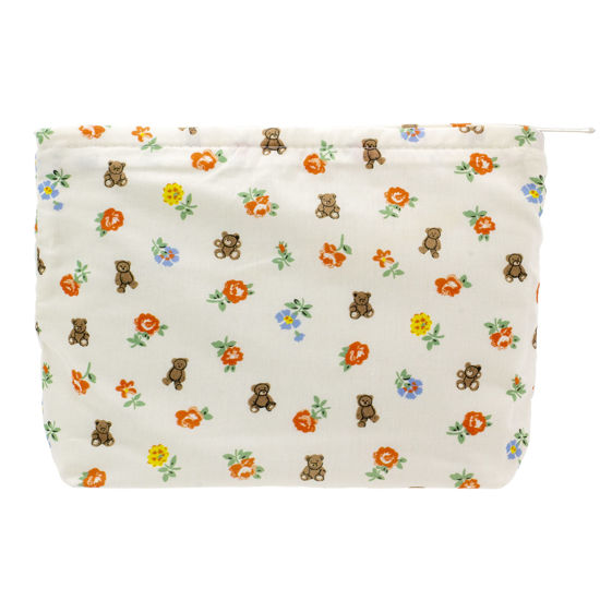 Picture of PAZIMIIK Floral Makeup Bag Large Cotton Zipper Pouch for Purse Travel Canvas Make Up Organizer for Women Cosmetic,Flower Bear White