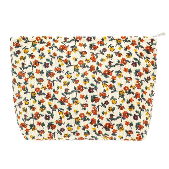 Picture of PAZIMIIK Makeup Bag Large Zipper Corduroy Make Up Pouch for Purse Travel Canvas Cosmetic Organizer for Women Brush Storage,Floral White