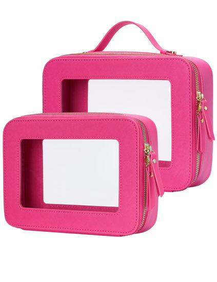 Picture of Popvibe Clear Makeup Bag Travel Cosmetic Case Transparent Toiletry Bag with Zipper, Portable Make Up Organizer Traveling Compact Car Bag for Essentials, Hotpink, Medium and Large