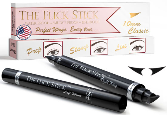 Picture of The Flick Stick Winged Eyeliner Stamp, 2 x Black Liquid Eyeliner Pens, Easy Cat Eye Stencil Makeup Tool, SmudgeProof & Waterpoof Eye Liner, Vamp Wing, Wingliner (10mm Classic, Midnight Black)