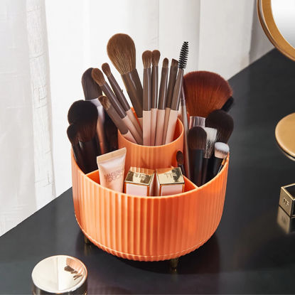 Picture of Diesisa 360 Rotating Makeup Brush Organizer With 5 Sections, Spining Countertop Swivel Makeup Brush Holder for Cosmetics, Nail Polish, Art Supply, Bathroom Vanity Desktop Organizer - Orange