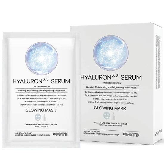 Picture of #OOTD Triple Hyaluron Hydrating Mask for Dry and Sensitive Skin, Anti Aging, Tightening and Moisturizing, Korean Vegan Beauty, Hyaluronic Acid, Caffeine, Vitamin C 10EA