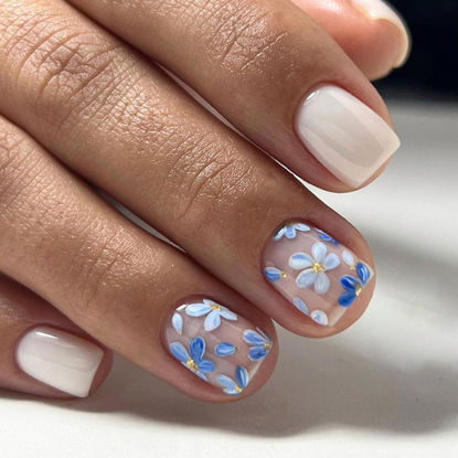 Picture of WAFOLOZE Nails Press ons,White Short Square Press on Nails Fake/False Nails with Blue Flower Designs Glossy Acrylic Artificial Nails Stick on Nails for Women 24Pcs