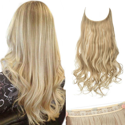 Picture of SARLA Hair Extensions Invisible Wire Dirty Blonde Highlight Wavy Curly Synthetic Hairpieces Balayage for Women Long 18 Inch Adjustable Headband No Clip