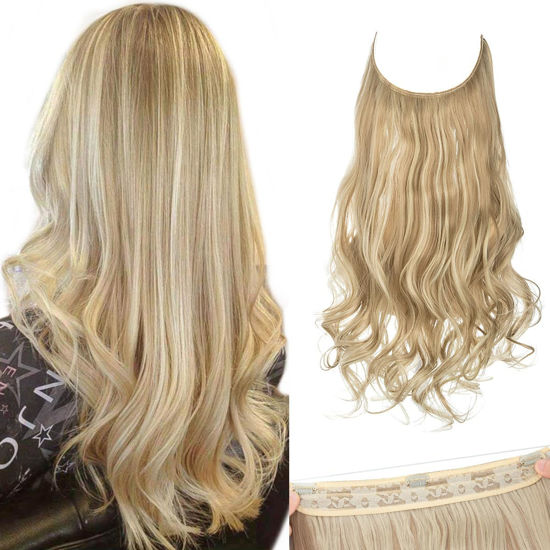 Picture of SARLA Hair Extensions Invisible Wire Dirty Blonde Highlight Wavy Curly Synthetic Hairpieces Balayage for Women Long 18 Inch Adjustable Headband No Clip