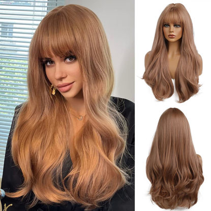 Picture of Esmee 24 Inches Strawberry Blonde Long Wavy Wig with Bangs for Women Natural Synthetic Hair Heat Resistant Wigs for Daily Party Cosplay Wear
