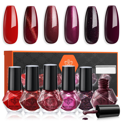 Picture of modelones Christmas Nail Polish Set 6 Colors, Dark Red Cat Eye Burgundy Glitter Quick Dry Mini Nail Lacquer Kit Magnetic Maroon Purple Cherry Red Winter DIY Home Nail Art Manicure Gift for Women Girls