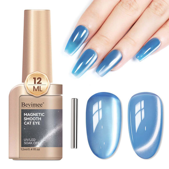 Picture of Bevimee Moonlight Cat Eye Gel Nail Polish 12ML Blue Glitter Magnetic Gel Polish Velvet Ceramic Effect Crystal Shimmer Cateye Gel Soak Off UV Gel Nail polish Nail Art Manicure Salon At Home 1Pc
