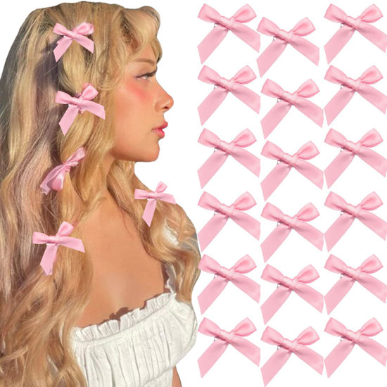 Picture of SAWINDA 20PCS Pink Mini Bowknot Ribbon Barrettes - Cute Claw Clips for Teens, Women & Girls' Hair Accessories