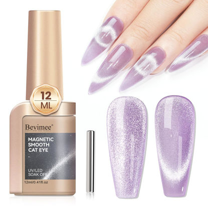 Picture of Bevimee Cat Eye Gel Nail Polish 12ML, Lavender Purple Smoothie Magnetic Gel Polish Holographic Shimmer Glitter Cats Eye Nail Polish with Magnet Stick Soak Off UV Gel Nail Art Varnish