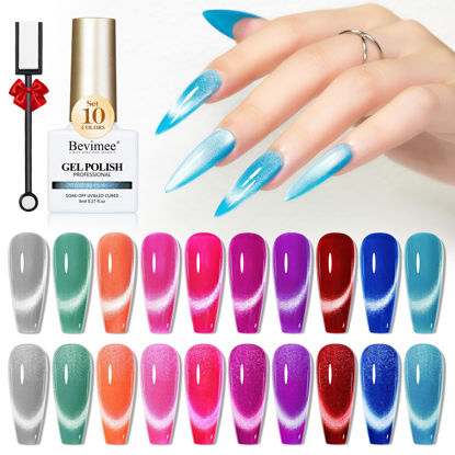 Picture of Bevimee Neon Cat Eye Gel Nail Polish Set 10 Colors: Magnetic Gel Polish 9D Cateye Effect, Sparkle Glitter Bright Orange Hot Pink Blue Nail Polish Gel Long Lasting Soak Off Home Salon