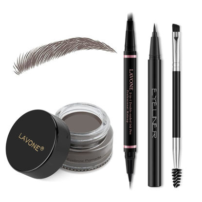 Picture of Eyebrow Pencil Makeup Kit, with Waterproof 2-IN-1 Microblading Eyebrow Pen, Eyebrow Pomade, Eyeliner and Dual-ended Eyebrow Brush, Brow Pencil Kit for Natural Eyebrows - Ebony