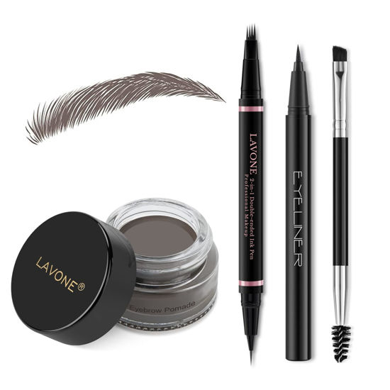 Picture of Eyebrow Pencil Makeup Kit, with Waterproof 2-IN-1 Microblading Eyebrow Pen, Eyebrow Pomade, Eyeliner and Dual-ended Eyebrow Brush, Brow Pencil Kit for Natural Eyebrows - Ebony