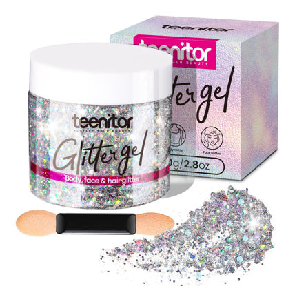 Picture of Teenitor Body Glitter, Silver Glitter, Body Glitter Gel, Hair Glitter, Face Glitter, Silver Glitter Gel for Face, Makeup, Hair, Eye Holographic Chunky Makeup Glitter