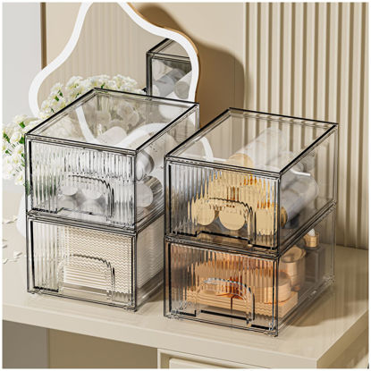Picture of ZHIAI 4 Pack Clear Stackable Storage Drawer, Acrylic Drawer, Cosmetic Organizer, Plastic Organizer for Dresser, Under, Kitchen Cabinet, Pantry, Home Organization and Storage