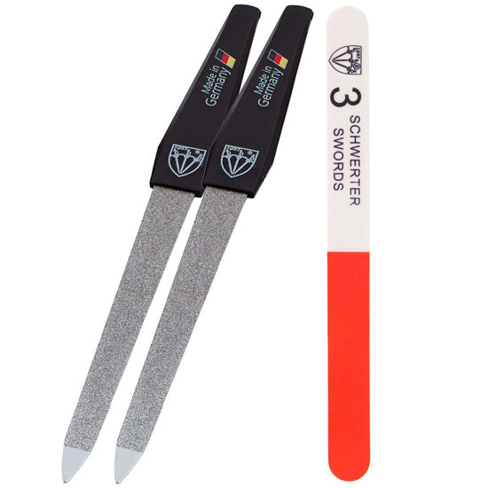Picture of 3 Swords Germany - Sapphire Metal Nail File Set 2 Pieces with 1 Piece 3-Way Nail Buffer - Nail Care Made in SOLINGEN/Germany