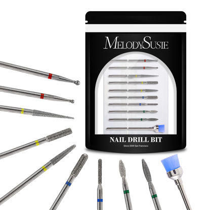Picture of MelodySusie 10pcs Nail Drill Bits Set, 3/32 Inch Diamond Cuticle Nail Bits Kit for Nail Drill E-File, Manicure Pedicure Remover Tools for Acrylic Gel Nails, Salon Home Nail Care Supplies, Silver