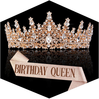 Picture of Rose Gold Crown for Women Birthday Queen Sash & Rhinestone Tiara Set Birthday Decoration Rhinestone Headband Glitter Crystal Hair Accessories for Party(Rose Gold2&Sash)