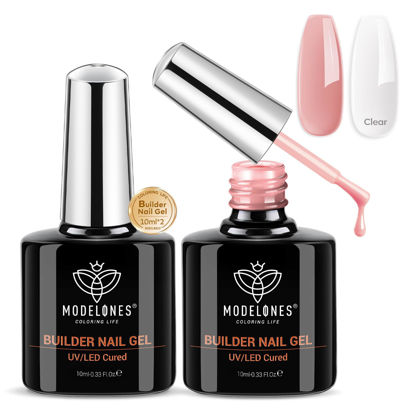 Picture of modelones Builder Nail Gel, 2 Pcs Clear and Rose Nude Pink Gel Builder for Nail Thickening Apex Building 8-in-One Rubber Base Gel Polish Nail Strengthener Extend Gel LED Nail Lamp Cured Hard Gel 10 ml