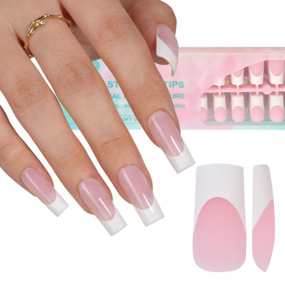 Picture of Misssix French Gel Nail Tips, 240Pcs French Tip Press on Nails Long Square Pink, No Need to File Tips Pre-lasting, Fake Nails for Nail Art DIY 15 Sizes