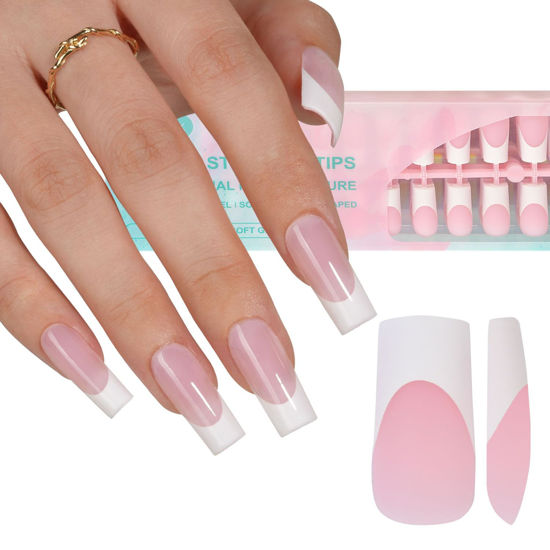 Picture of Misssix French Gel Nail Tips, 240Pcs French Tip Press on Nails Long Square Pink, No Need to File Tips Pre-lasting, Fake Nails for Nail Art DIY 15 Sizes