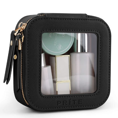 Picture of Prite Mini Clear Makeup Bag for Purse Cute Small Travel Cosmetic Bag for Women Waterproof Toiletry Bag Leather Makeup Pouch with Gold Zipper(Black)