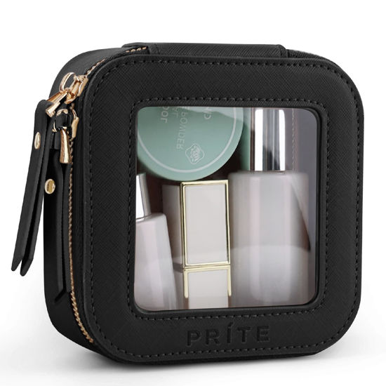 Picture of Prite Mini Clear Makeup Bag for Purse Cute Small Travel Cosmetic Bag for Women Waterproof Toiletry Bag Leather Makeup Pouch with Gold Zipper(Black)