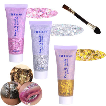 Picture of Body Glitter Face Glitter Gel: Singer Concerts Disco Festival Rave Accessories Face Glitter Makeup 150ml Chunky Sequins Mermaid Face Body Hair Glitter Gel (Silver&Pink&Gold)