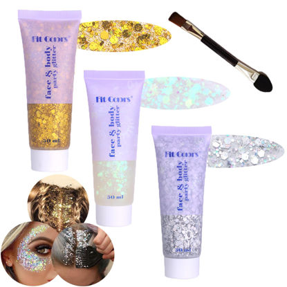 Picture of Body Glitter Face Glitter Gel: Singer Concerts Disco Festival Rave Accessories Face Glitter Makeup 150ml Chunky Sequins Mermaid Face Body Hair Glitter Gel (White&Silver&Gold)
