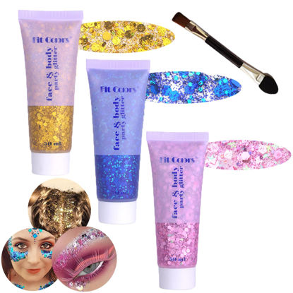 Picture of Body Glitter Face Glitter Gel: Singer Concerts Disco Festival Rave Accessories Face Glitter Makeup 150ml Chunky Sequins Mermaid Face Body Hair Glitter Gel (Pink&Gold&Blue)