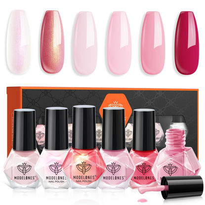 Picture of modelones Nail Polish 6 Colors Hot Pink Nude Pink Nail Polish Set Light Pink Shimmer Pearl Spring Summer Quick Dry Finger Nail Polish Bulk Manicure DIY Nail Art Salon Home Gift For Women Girl
