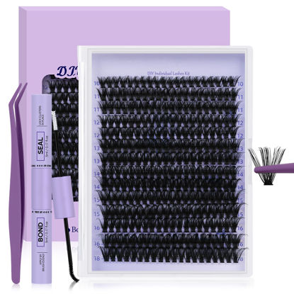 Picture of Lash Extension Kit 280Pcs Volume Individual Lashes Kit Superfine Individual Lashes 10-18mm Soft D Curl Lash Clusters Kit with Bond and Seal Lash Tweezers for Self Use （Kit，70D-10-18MIX）