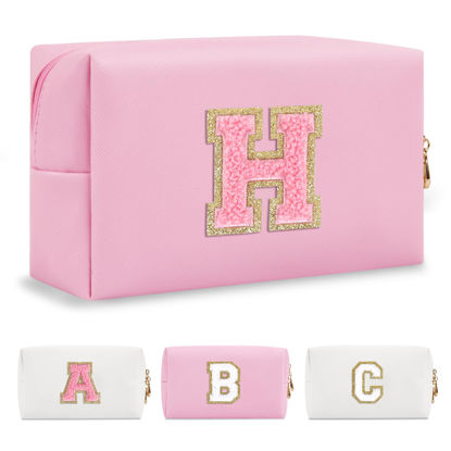 Picture of Personalized Initial A-Z Preppy Patch Makeup Bag,Small PU Leather Chenille Letter Cosmetic Bag with Zipper for Teen Girls,Pink Cute Travel Toiletry Bag,Birthday Monogrammed Gift for Daughter,Letter H