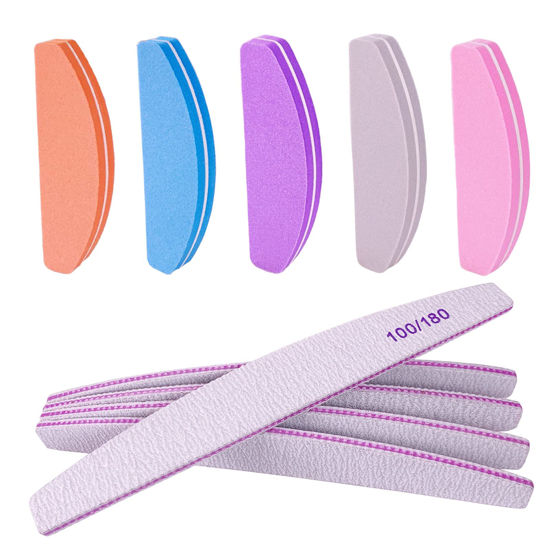 Picture of Nail File and Buffer (10 Pcs), Buffer Block Nail Files Double Sided 100/180 Grit for Acrylic and Natural Nails, fingernail Emery Board Buffing Blocks Manicure Set Nail Care kit Tool Halfmoon Arc