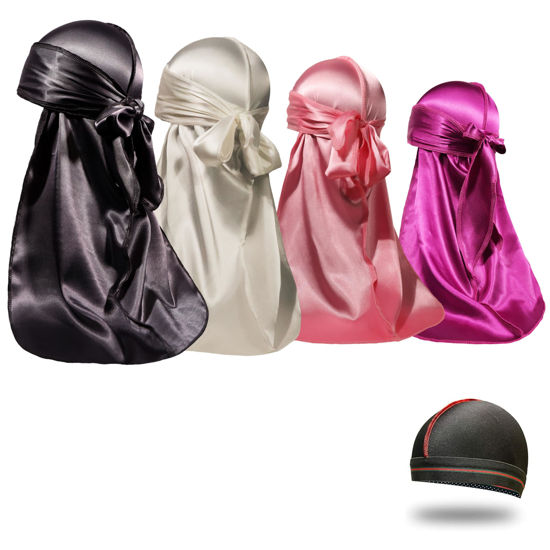 Picture of 4PCS Silky Durags for Men Women 360 Waves with 1 Wave Cap, Silky Satin Durag Extra Long Tails