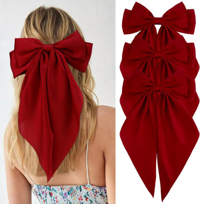 Picture of Velscrun 3Pcs Hair Bows for Women Red Hair Bow Big Hair Bows Clips for Girls Silky Satin Large Hair Ribbons Oversized Long Tail Hair Bows Hair Barrettes Hair Accessories Christmas Birthday Gifts