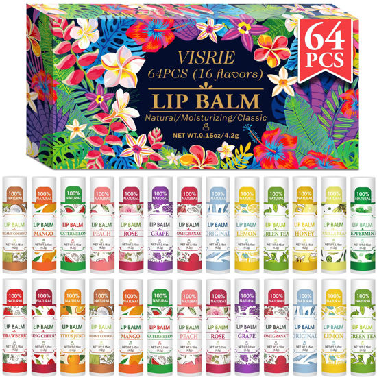 Picture of 64 Pack Lip Balm, Natural Lip Balm Bulk with Vitamin E and Coconut Oil, Hydrating Lip Balm for Dry Lips, Bulk Lip Balm for Stocking Stuffers - 16 Flavors