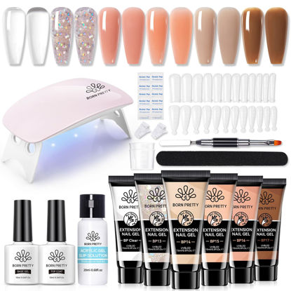 Picture of BORN PRETTY Extension Nail Gel Kit-6 Colors Gel Kit Nude Clear Jelly All-In-1 Kit Builder Glue Gel with Nail Lamp Base Top Coat Set Nail Forms French Manicure Set for Beginner