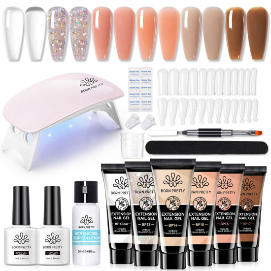 Picture of BORN PRETTY Extension Nail Gel Kit-6 Colors Gel Kit Nude Clear Jelly All-In-1 Kit Builder Glue Gel with Nail Lamp Base Top Coat Set Nail Forms French Manicure Set for Beginner
