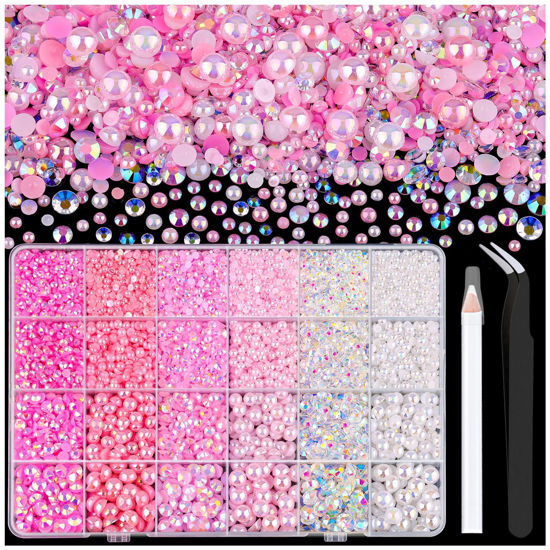 Picture of 9000PCS Flatback Pearls and Rhinestones for Crafting, Pink White Mixed Size 3-8mm Resin Rhinestones and Half Pearls for Bedazzling, Nail Art and Decoration with Tweezer and Pickup Pencil