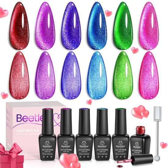 Picture of Beetles Cat Eye Gel Nail Polish,6 Colors Cat Eye Glitter Gel Nail Polish Set Pink Green Gel Polish with Magnet Velvet Nails Valentine Gel Nail Polish Set DIY Manicure Valentine's Day Gifts for Women
