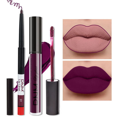 Picture of evpct 2Pcs Purple Plum Matte 24-hour Liquid Lipstick and Lip Liner Pencil Makeup Set Women DNM Dark Red Bright Berry Liquid Lipstick Matte Lip Tint 24H and with Lip Liner Set Waterproof Long Lasting 1