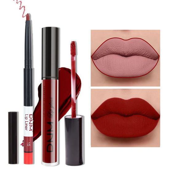 Picture of evpct 2Pcs Dark Red Maroon Matte Lipstick and Lip Liner Makeup Set for Women DNM Dark Blood Red Liquid Matte Brown Lipstick Lip Liner Stain Long Lasting Waterproof Permanent Lipstick 24 hours 15#