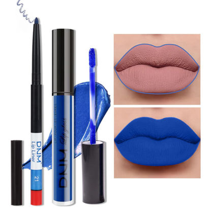 Picture of evpct 2Pcs Royal Light Blue Matte Liquid Lipstick and Lip Liner Pencil Makeup Set DNM Blue Lipstick 24H and with Lip Liner Set Waterproof Long Lasting labiales mate 24 horas originales 21#