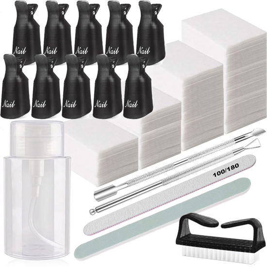 Picture of Nail Polish Gel Remover Tools Kit, Soak Off Cap Clip 10pcs, Dispenser Bottle, 600PCS Cotton Pads Handle Brushes Finger Separators(Black-Set)