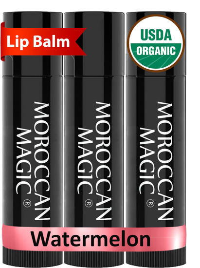 Picture of Organic Moroccan Magic Lip Balm 3 Pack | Watermelon Lip Balm Set | Chapsticks for Dry Lips | Made with Natural Argan, Essential Oils Lip Moisturizer and Vitamin E | Smooth Application, Non-Toxic