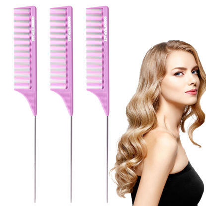 Picture of Goodofferplace 3 PCS Rat Tail Combs Parting Rattail Combs Teasing Fine Tooth Comb with Metal Pick for Curly Hair,Detangling Combs for Women,Parting Combs for Braiding,Styling Hair(Purple)